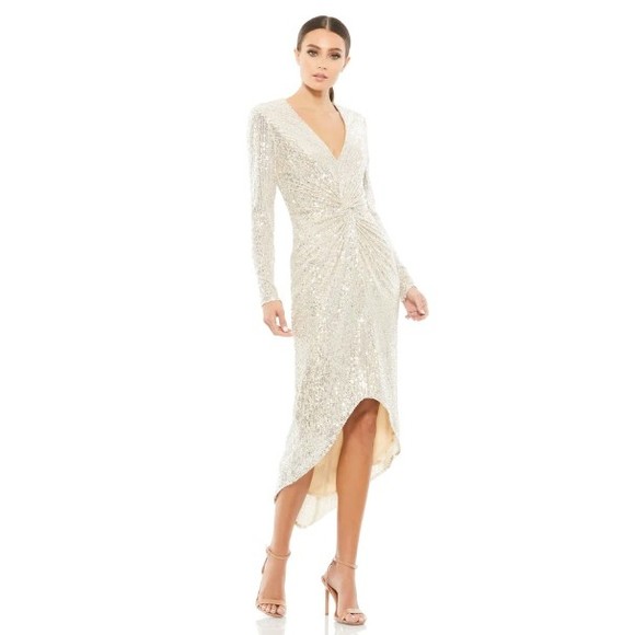 Mac Duggal Dresses & Skirts - NWT Ieena Mac Duggal 26549 Sequin Knotted Long Sleeve Midi Dress 6 Nude Silver